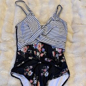 Striped and Floral One-Piece Swimsuit